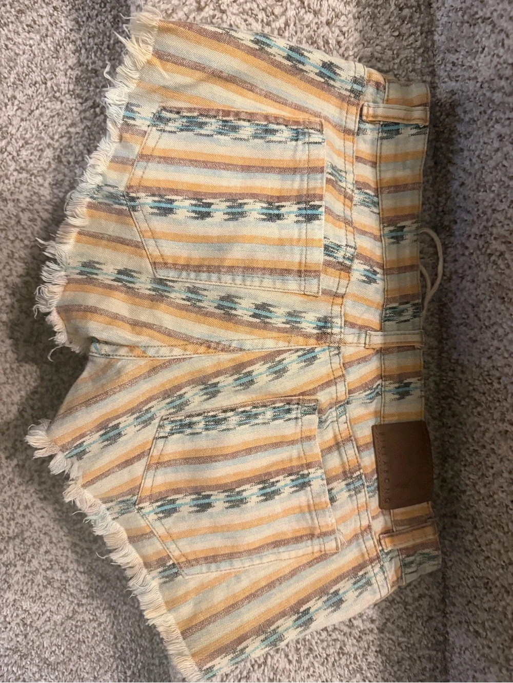 Billabong Striped Yellow Blue Fringe Lace-Up Denim Shorts